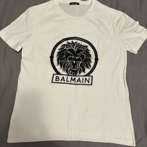 Balmain Ivory Tee with Black Lion Emblem